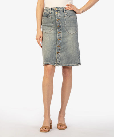 Kut From The Kloth Rose Button Front Denim Skirt | Washed | $80