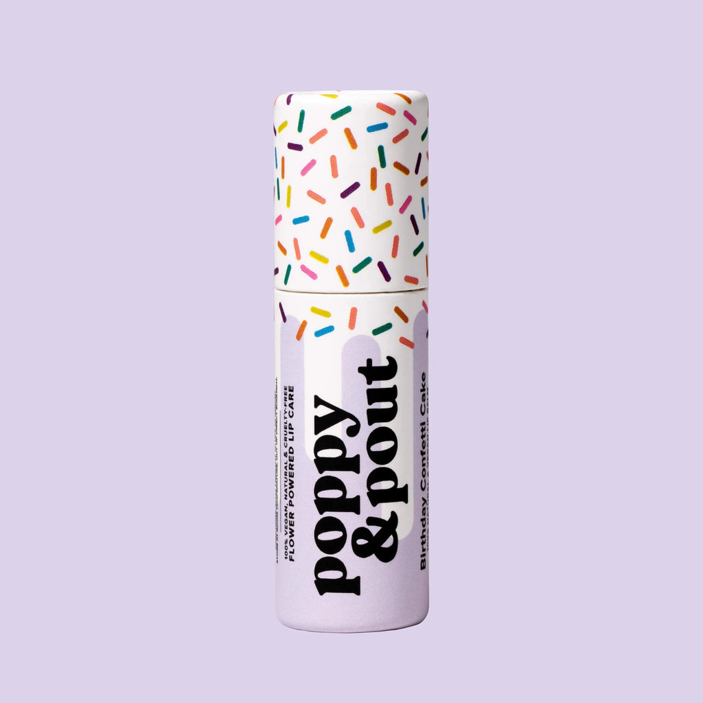Poppy & Pout Lip Balm | Purple Birthday Confetti Cake | $12