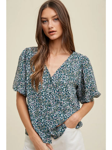 Wishlist Floral Button-Up Balloon Sleeve Top | Green | $52