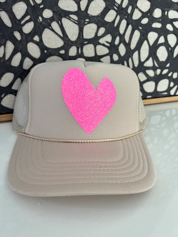 Arnie and Ollie Trucker | Tan Pink Glitter Heart | Hats | $36