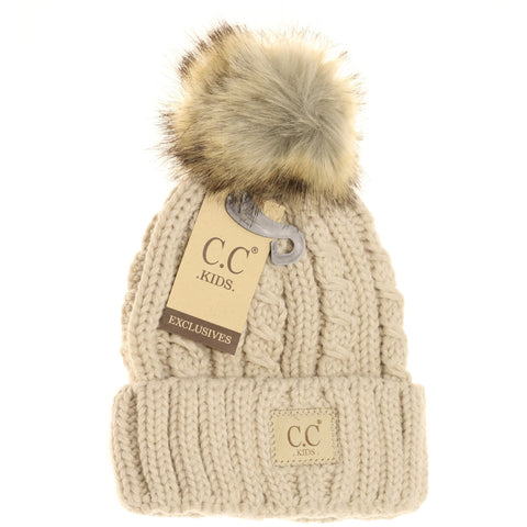 CC Hats Kids Cable Ribbed Pom Beanie | Beige | Hats | $22